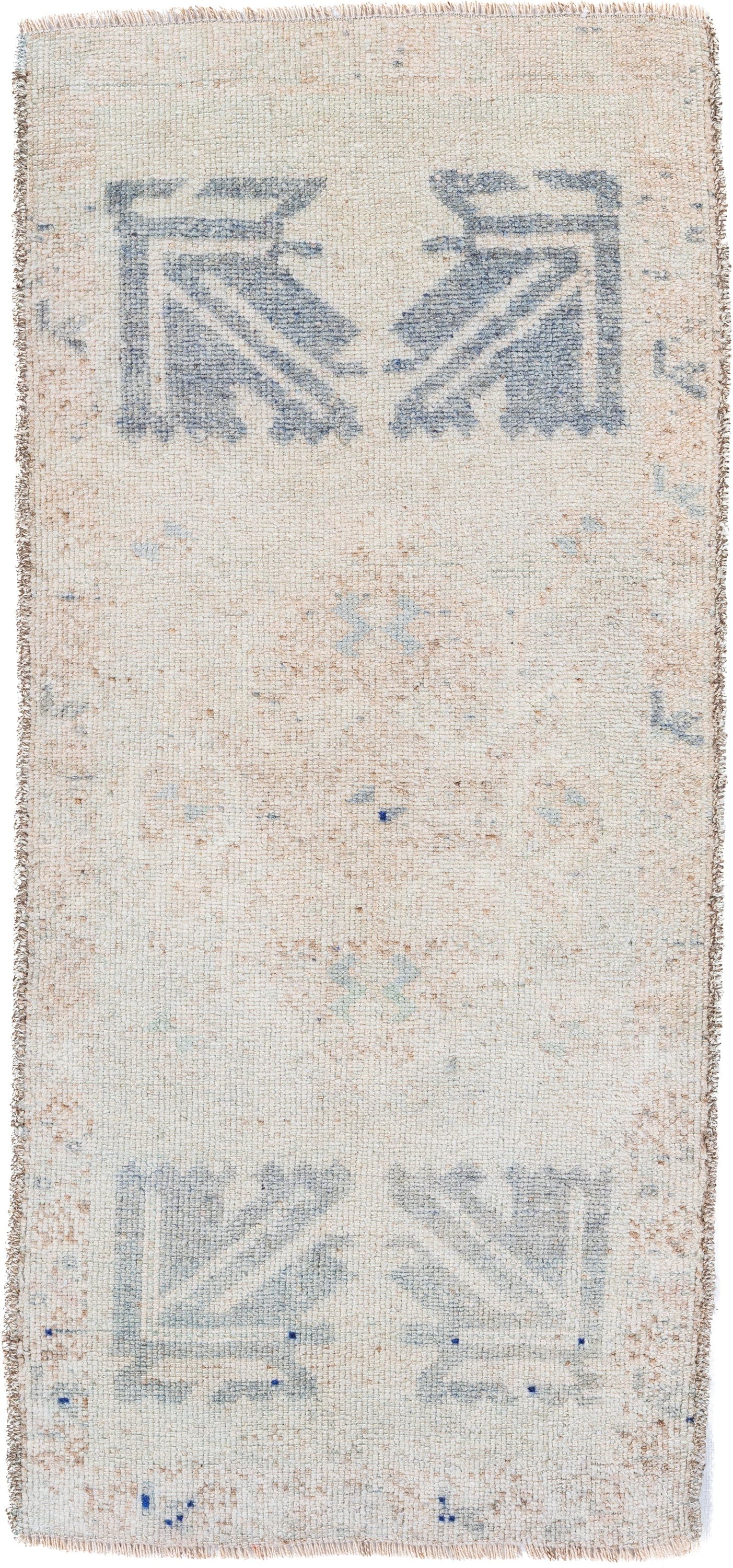 2' x 3' one-of-a-kind handmade vintage Oushak small size rug. Color palette: ivory, pale blue, beige, taupe, camel, cobalt
