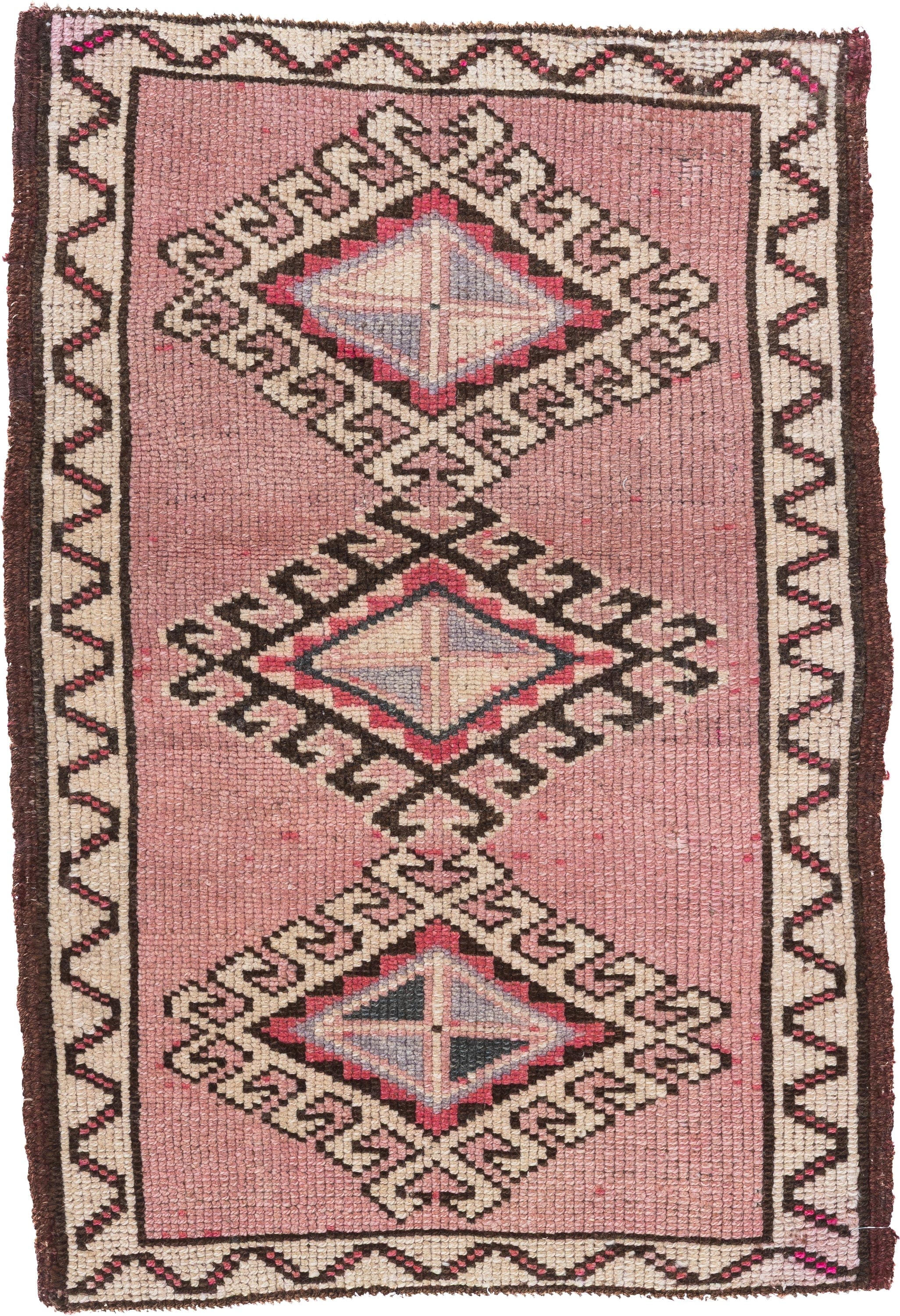 2' x 3' one-of-a-kind handmade vintage Oushak small size rug. Color palette: rose, ivory, brown, crimson, lavender, charcoal