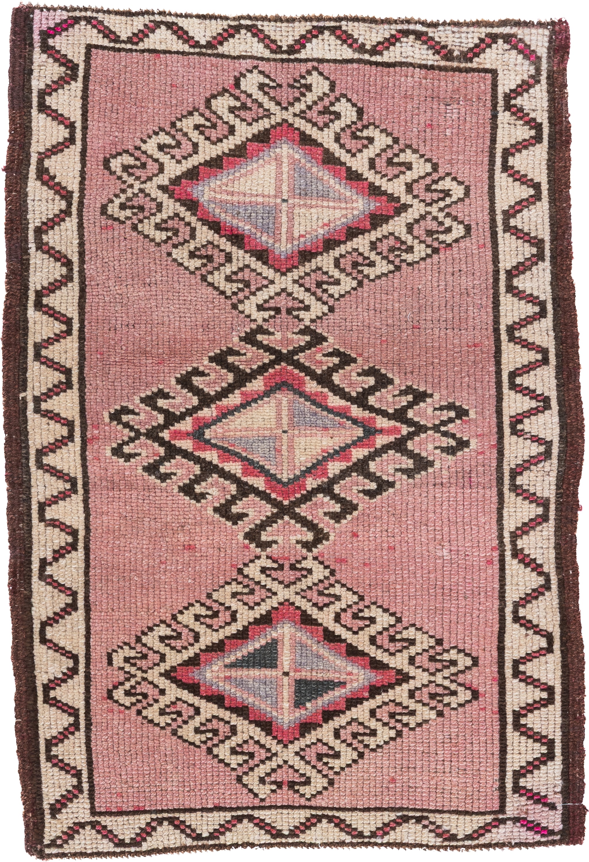 2' x 3' one-of-a-kind handmade vintage Oushak small size rug. Color palette: rose, ivory, brown, crimson, lavender, charcoal