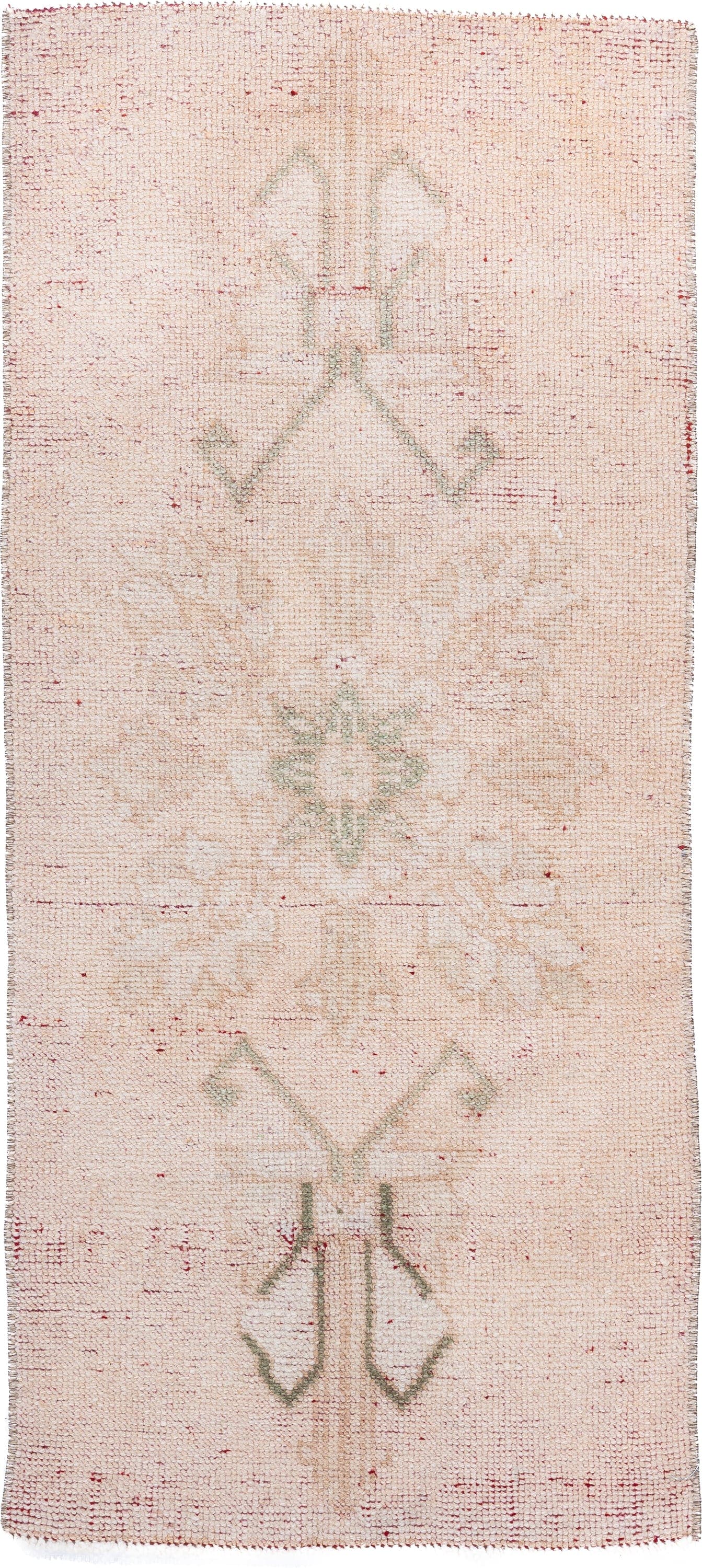 2' x 3' one-of-a-kind handmade vintage Oushak small size rug. Color palette: ivory, blush, sage, beige, rose, pink, green