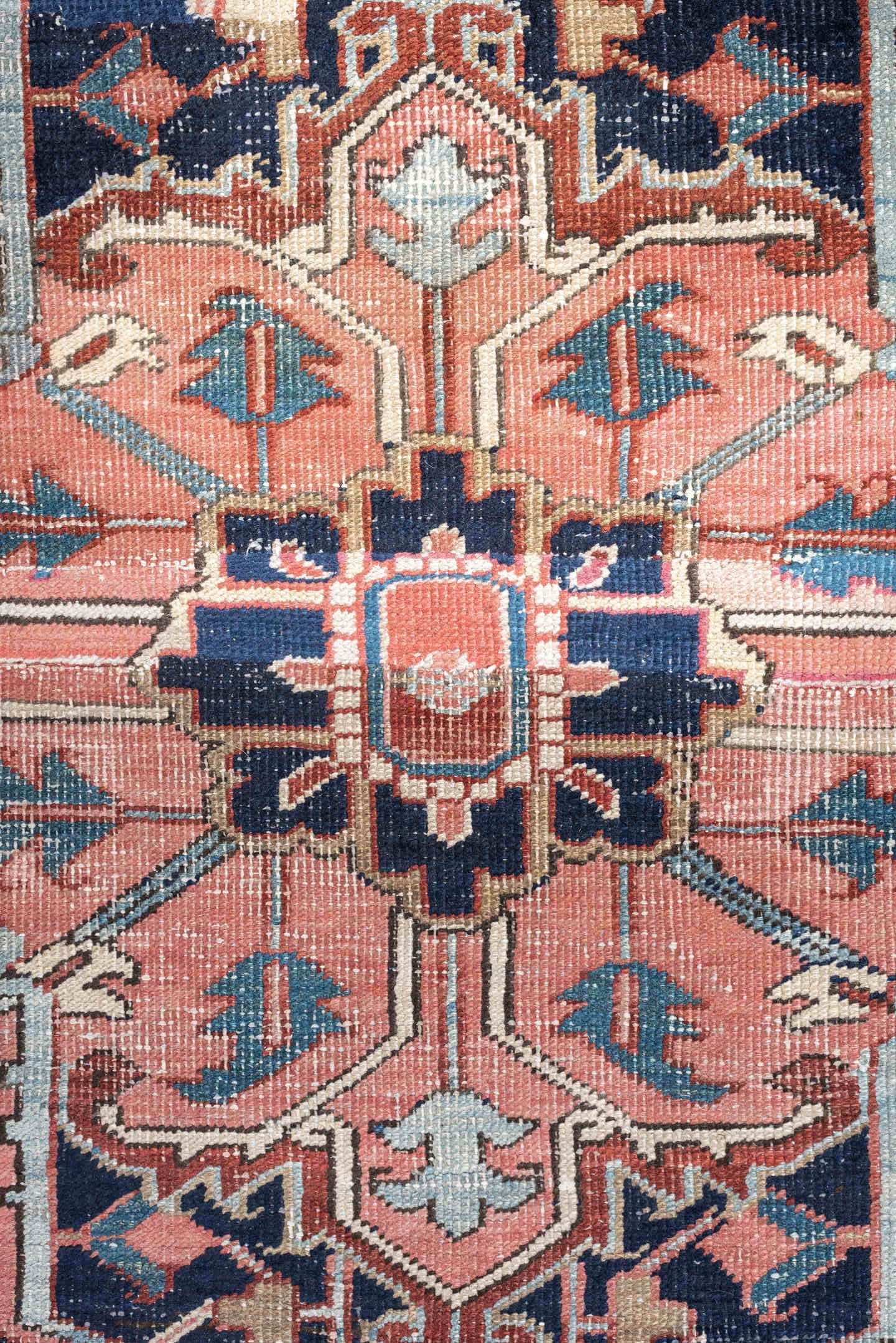 11' x 16' one-of-a-kind handmade vintage Heriz oversize rug. Color palette: terra cotta, navy, sky blue, ivory, rose, slate