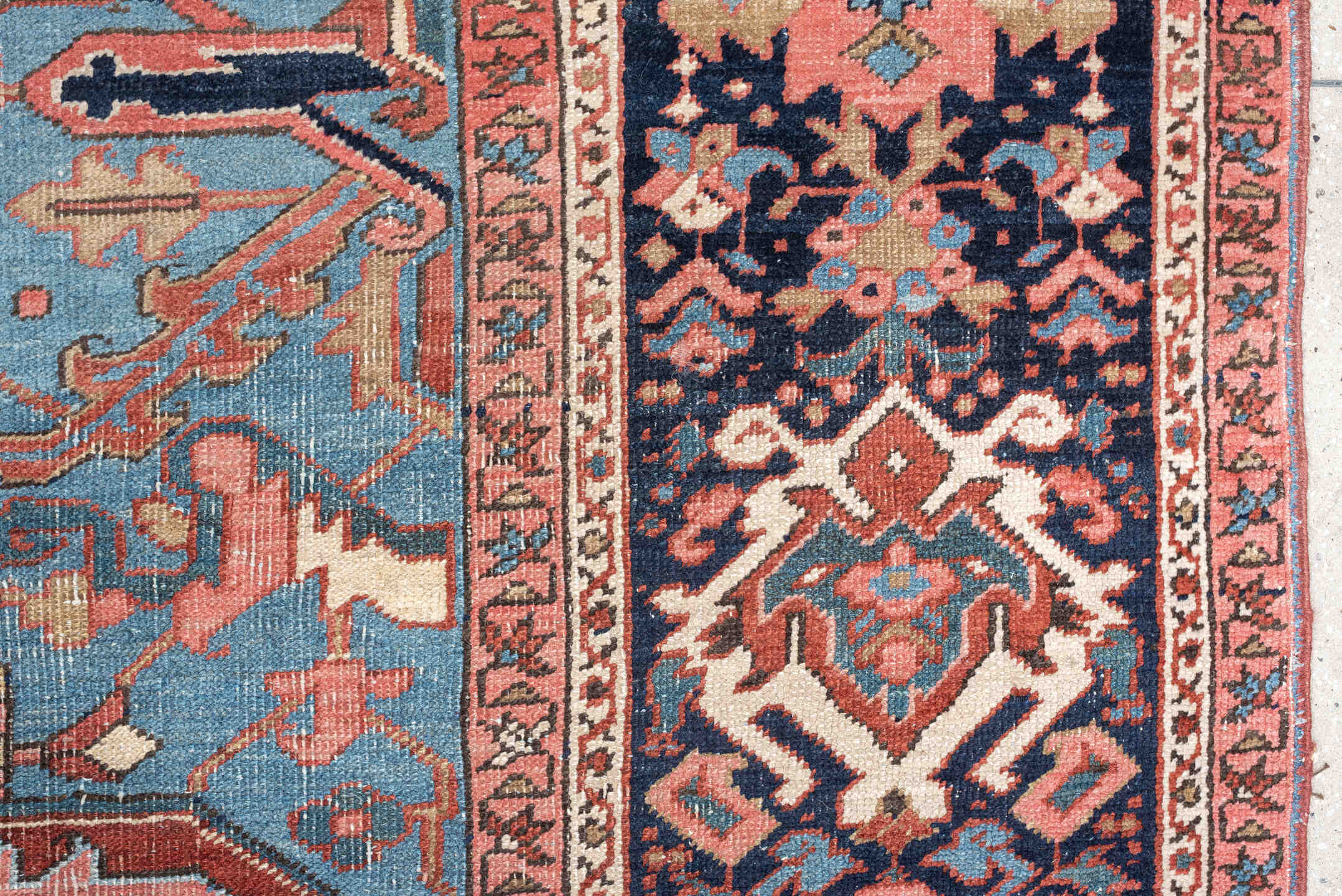 11' x 16' one-of-a-kind handmade vintage Heriz oversize rug. Color palette: terra cotta, navy, sky blue, ivory, rose, slate