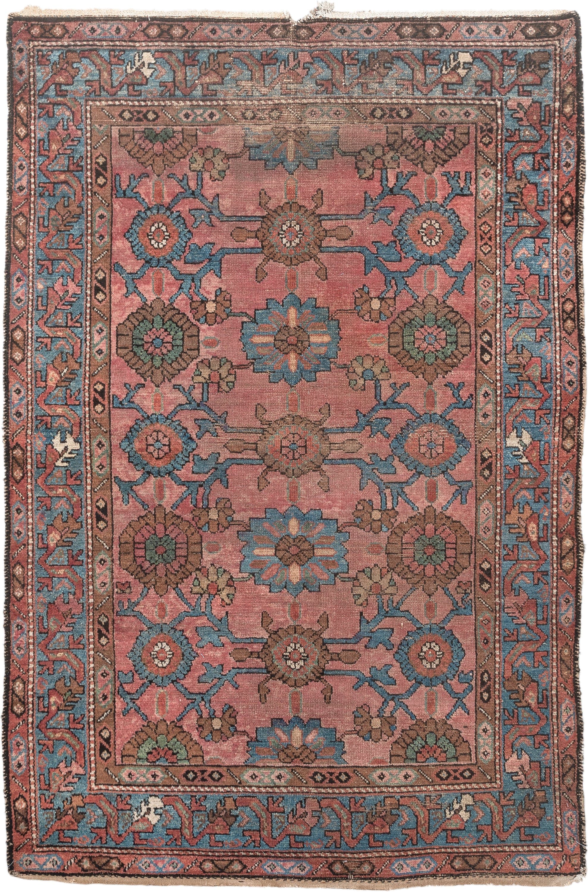 4' x 6' one-of-a-kind handmade vintage Lilian small size rug. Color palette: rose, sky blue, terra cotta, brown, ivory, sage