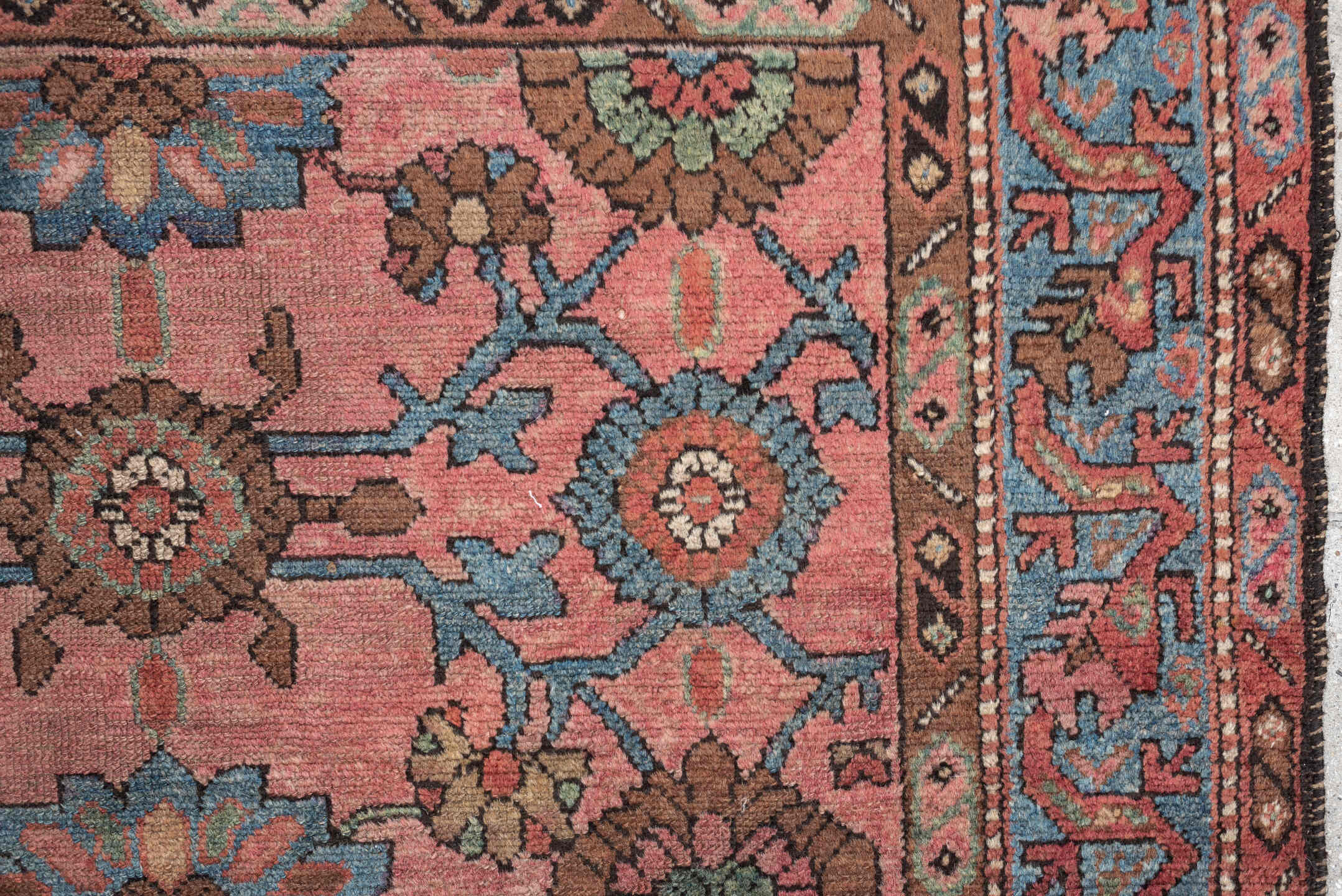 4' x 6' one-of-a-kind handmade vintage Lilian small size rug. Color palette: rose, sky blue, terra cotta, brown, ivory, sage