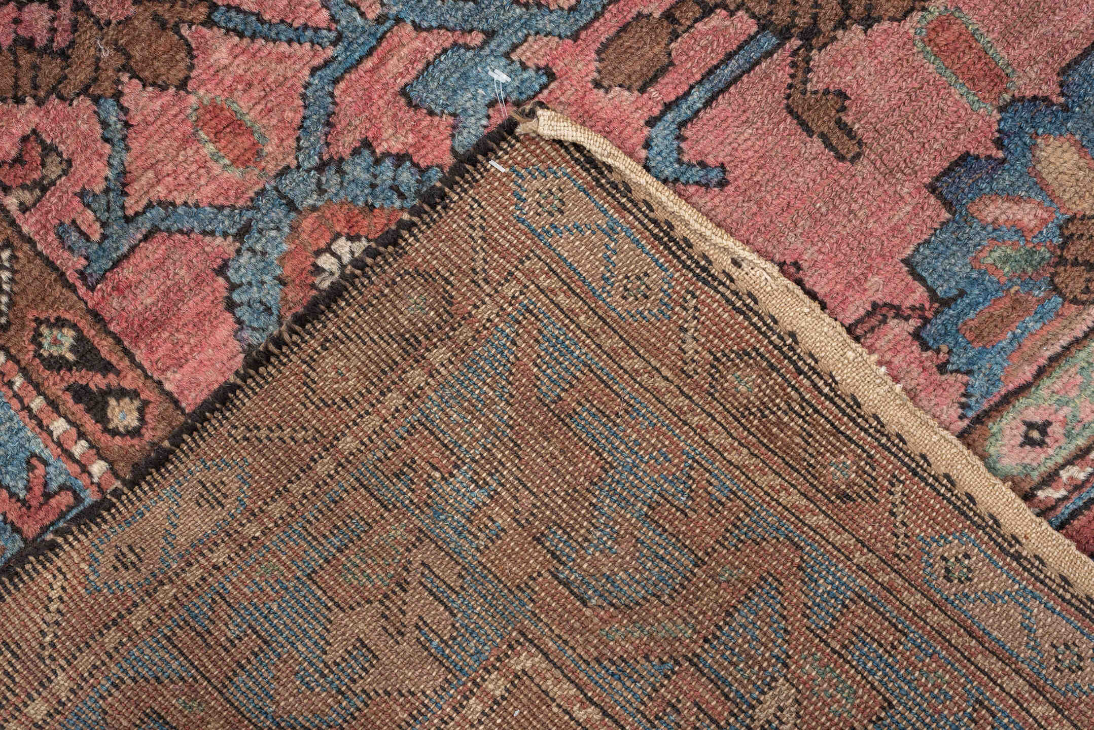 4' x 6' one-of-a-kind handmade vintage Lilian small size rug. Color palette: rose, sky blue, terra cotta, brown, ivory, sage