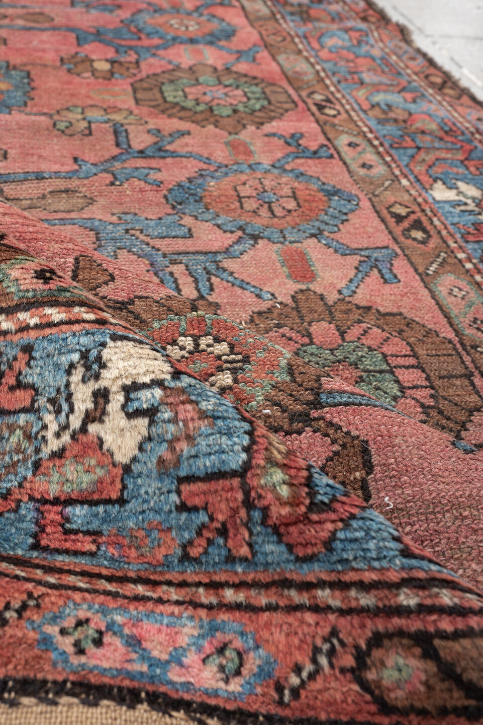 4' x 6' one-of-a-kind handmade vintage Lilian small size rug. Color palette: rose, sky blue, terra cotta, brown, ivory, sage