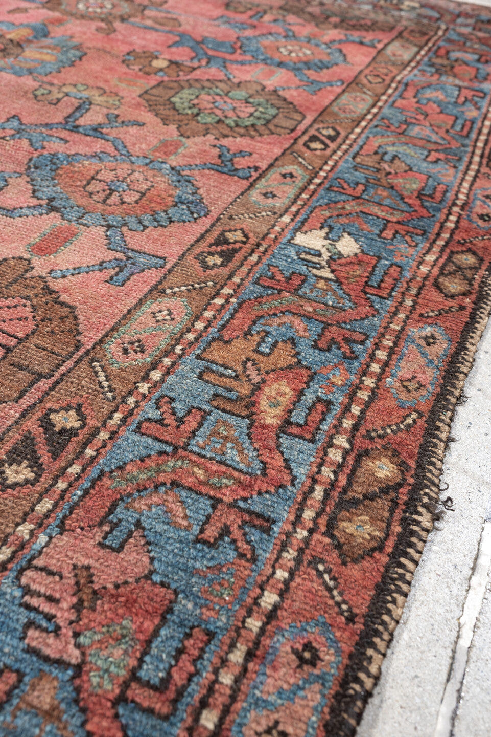 4' x 6' one-of-a-kind handmade vintage Lilian small size rug. Color palette: rose, sky blue, terra cotta, brown, ivory, sage