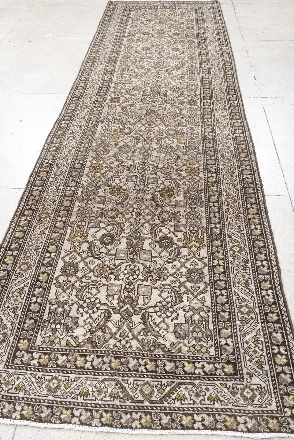 3' x 13' one-of-a-kind handmade antique Malayer runner rug. Color palette: ivory, taupe, brown, camel, gold, charcoal, beige