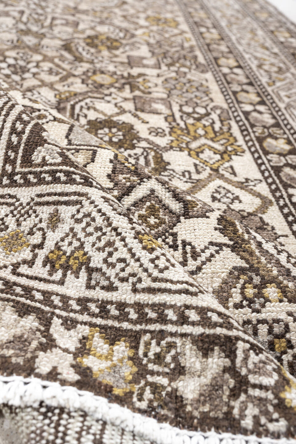 3' x 13' one-of-a-kind handmade antique Malayer runner rug. Color palette: ivory, taupe, brown, camel, gold, charcoal, beige