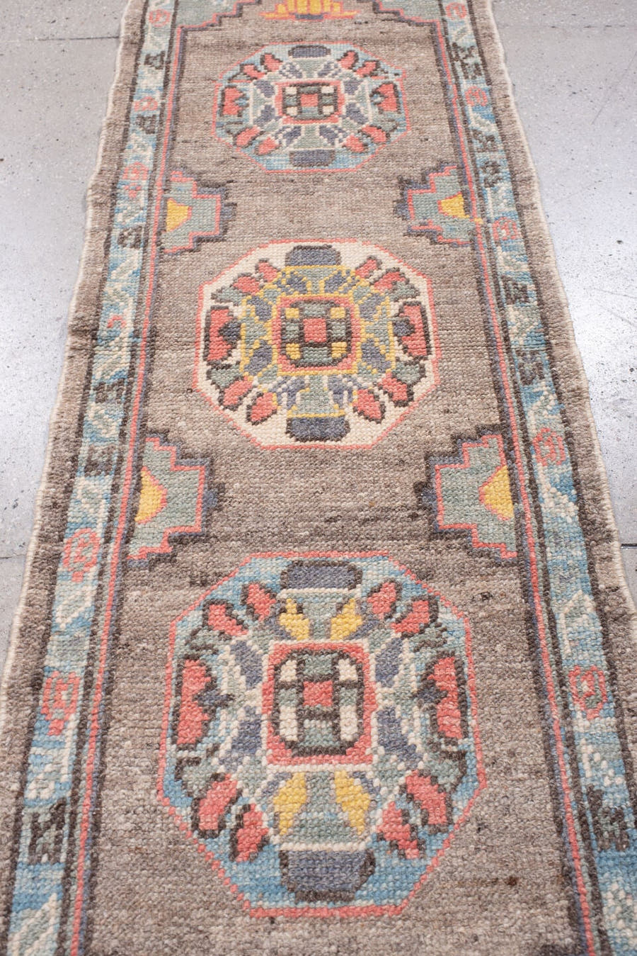 2' x 6' one-of-a-kind handmade vintage Oushak runner rug. Color palette: taupe, sky blue, ivory, coral, charcoal, saffron