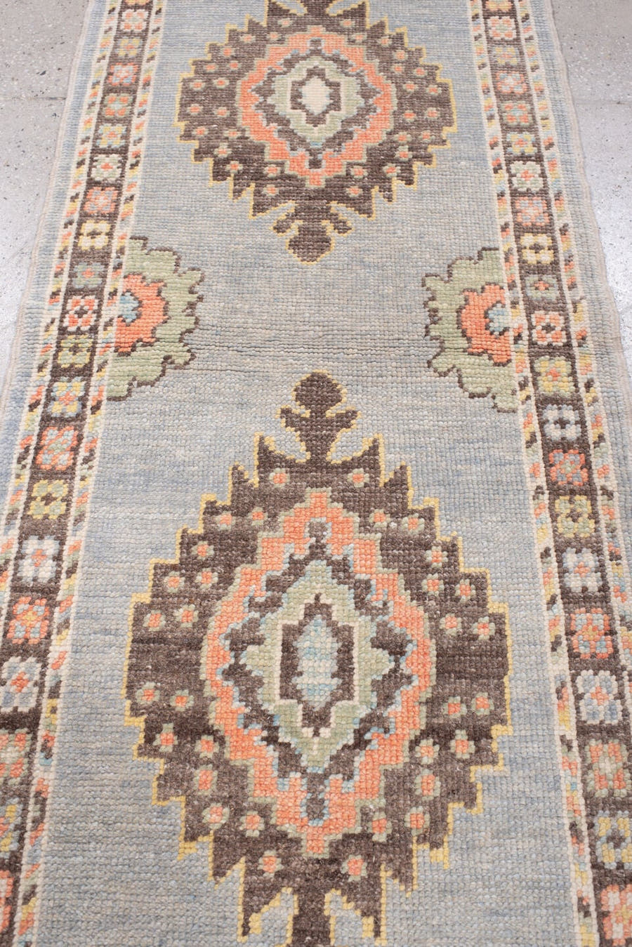2' x 6' one-of-a-kind handmade vintage Oushak runner rug. Color palette: blue gray, ivory, dark brown, coral, sage, taupe
