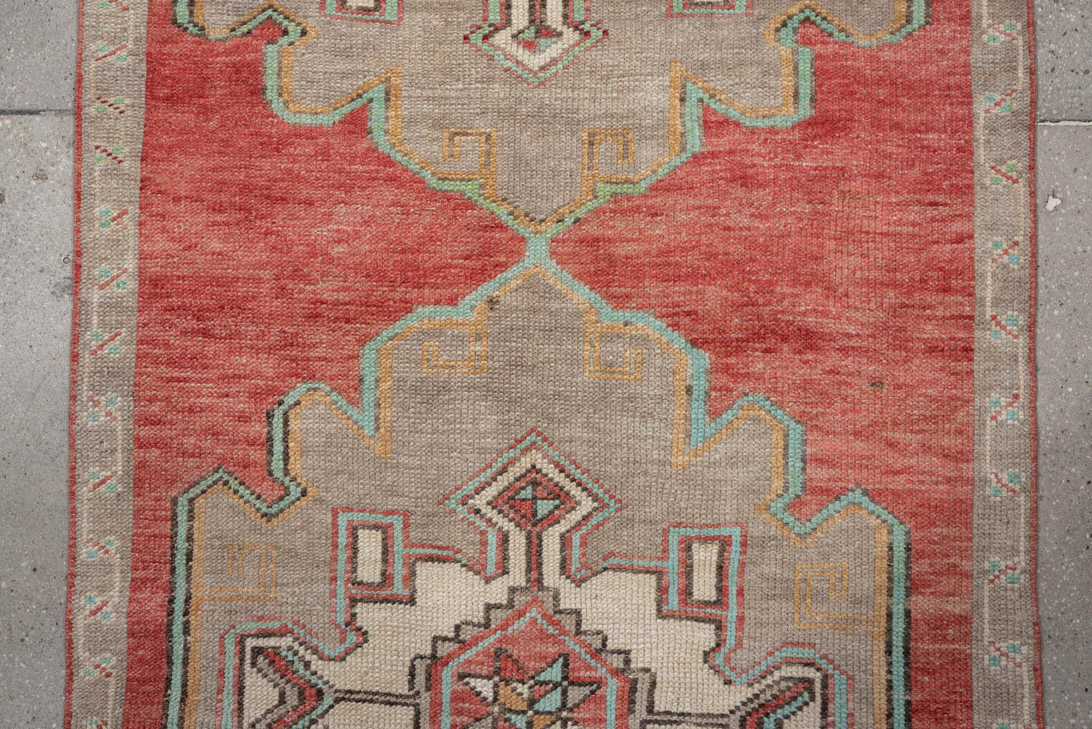 2' x 10' one-of-a-kind handmade vintage runner rug. Color palette: terracotta, ivory, taupe, aqua, rust, sage, brown, beige