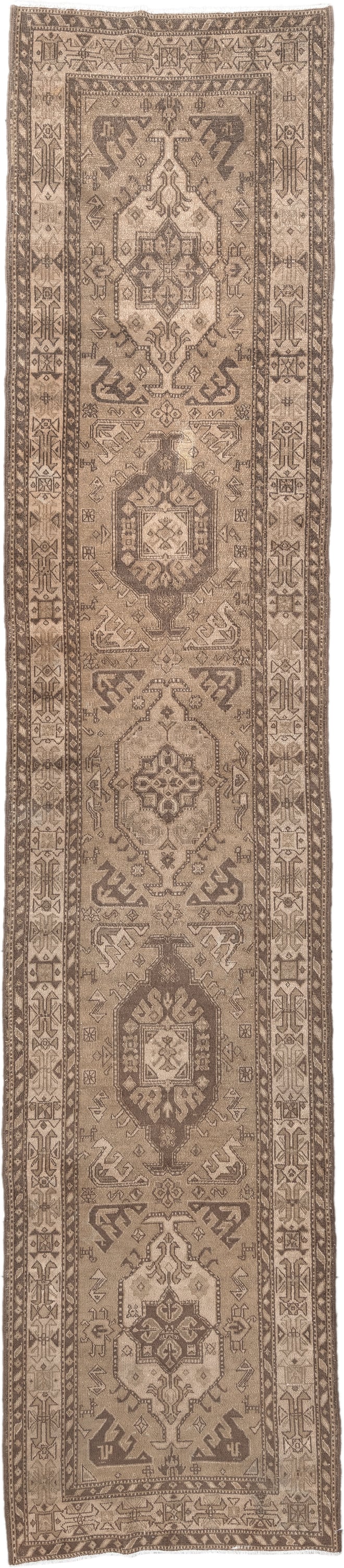 3' x 14' one-of-a-kind handmade vintage NW Persian runner rug. Color palette: taupe, camel, brown, ivory, greige, beige