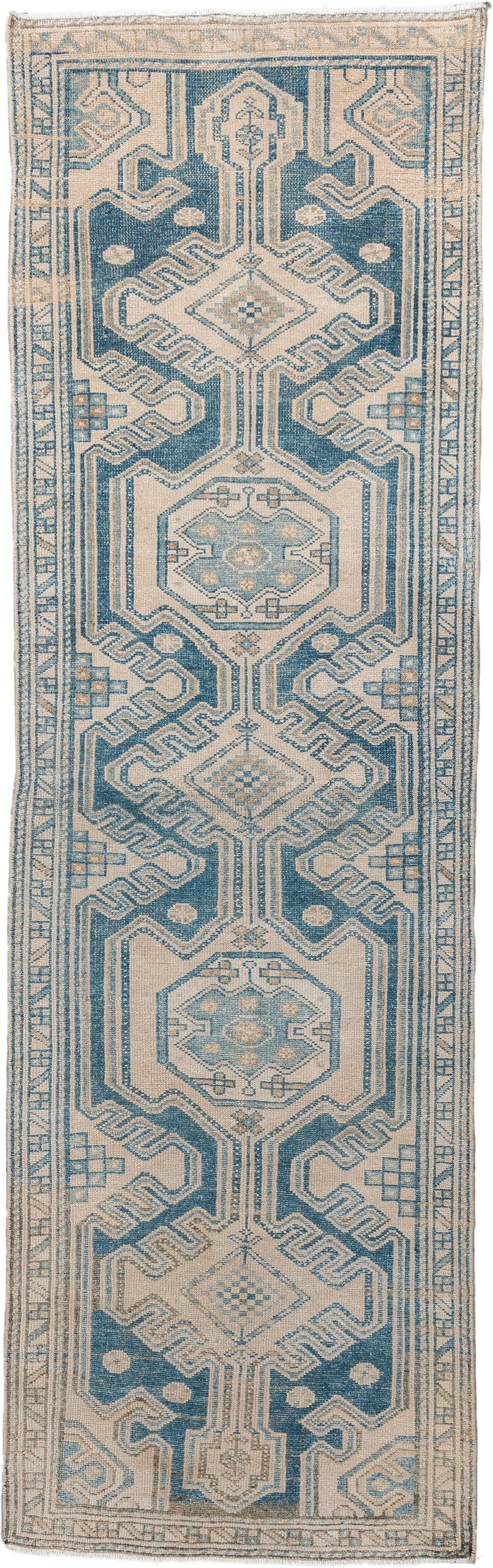 2' x 8' one-of-a-kind handmade antique Malayer runner rug. Color palette: ivory, sky blue, slate blue, taupe, camel