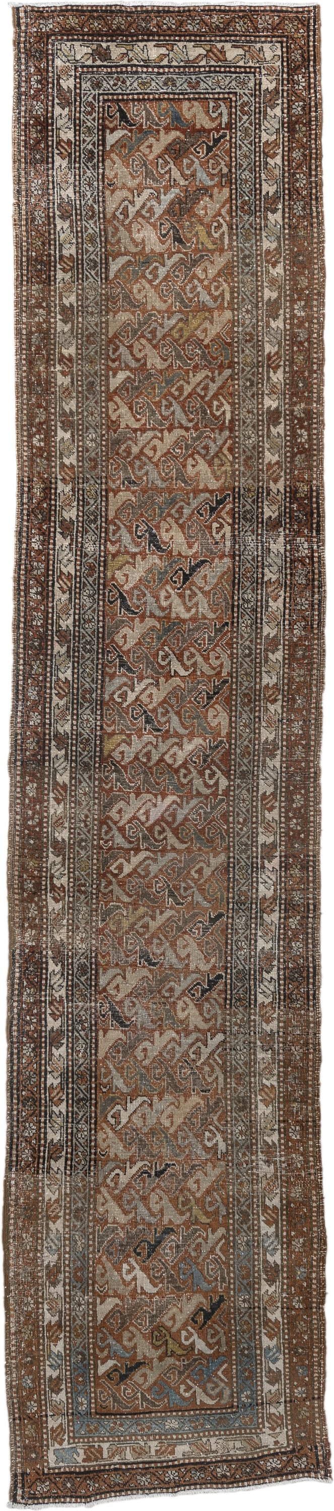 2' x 12' one-of-a-kind handmade vintage Heriz runner rug. Color palette: rust, ivory, slate, taupe, camel, charcoal, sienna
