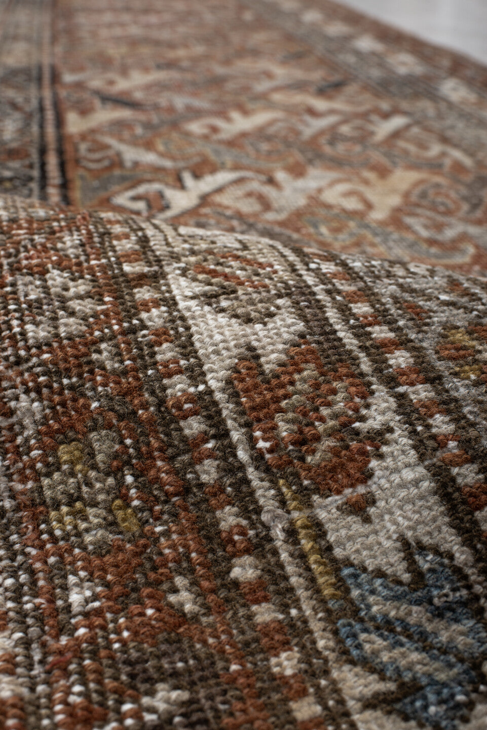 2' x 12' one-of-a-kind handmade vintage Heriz runner rug. Color palette: rust, ivory, slate, taupe, camel, charcoal, sienna