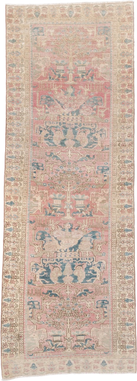 3' x 9' one-of-a-kind handmade vintage Saraband runner rug. Color palette: ivory, blush, muted blue, taupe, sage, rose