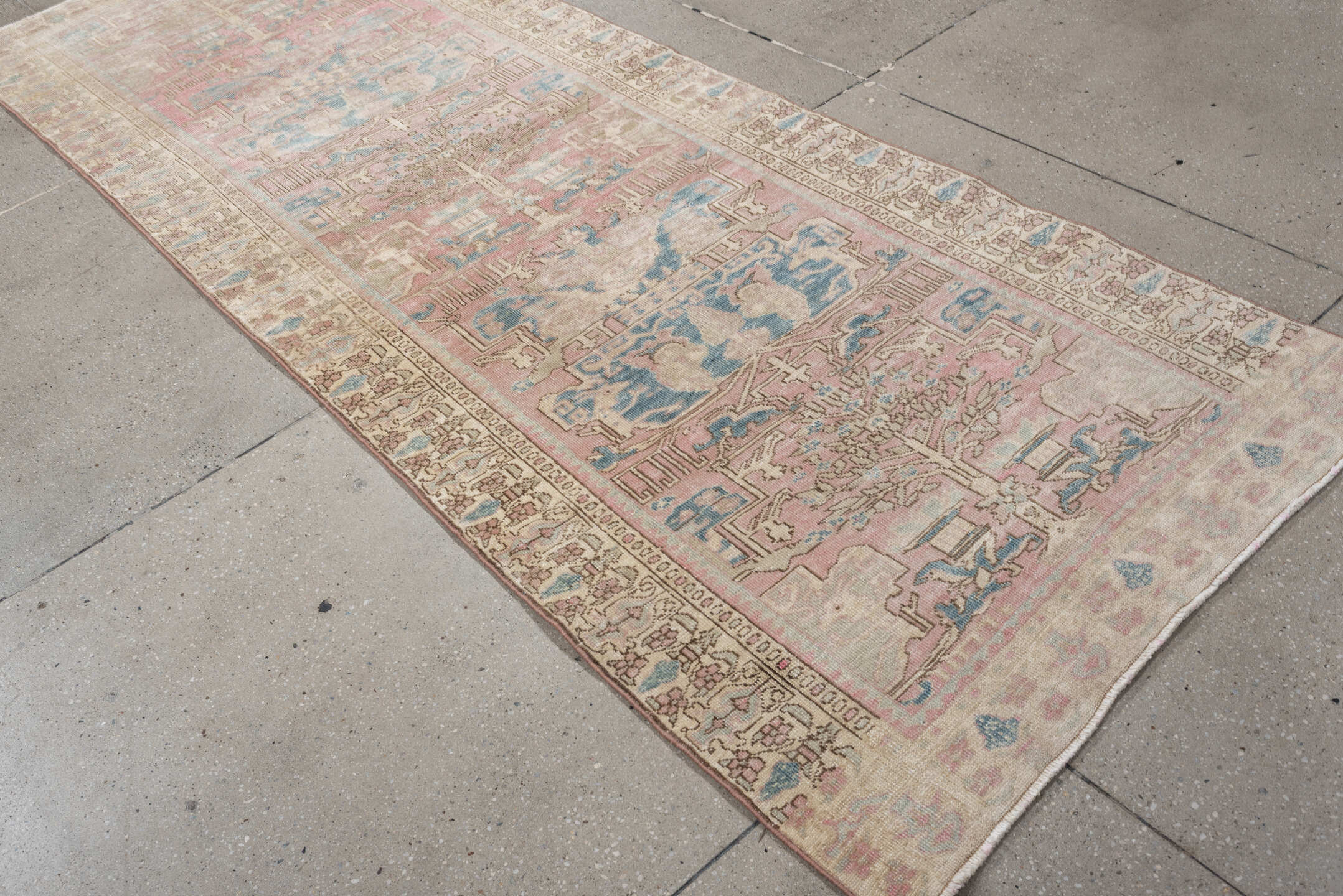 3' x 9' one-of-a-kind handmade vintage Saraband runner rug. Color palette: ivory, blush, muted blue, taupe, sage, rose