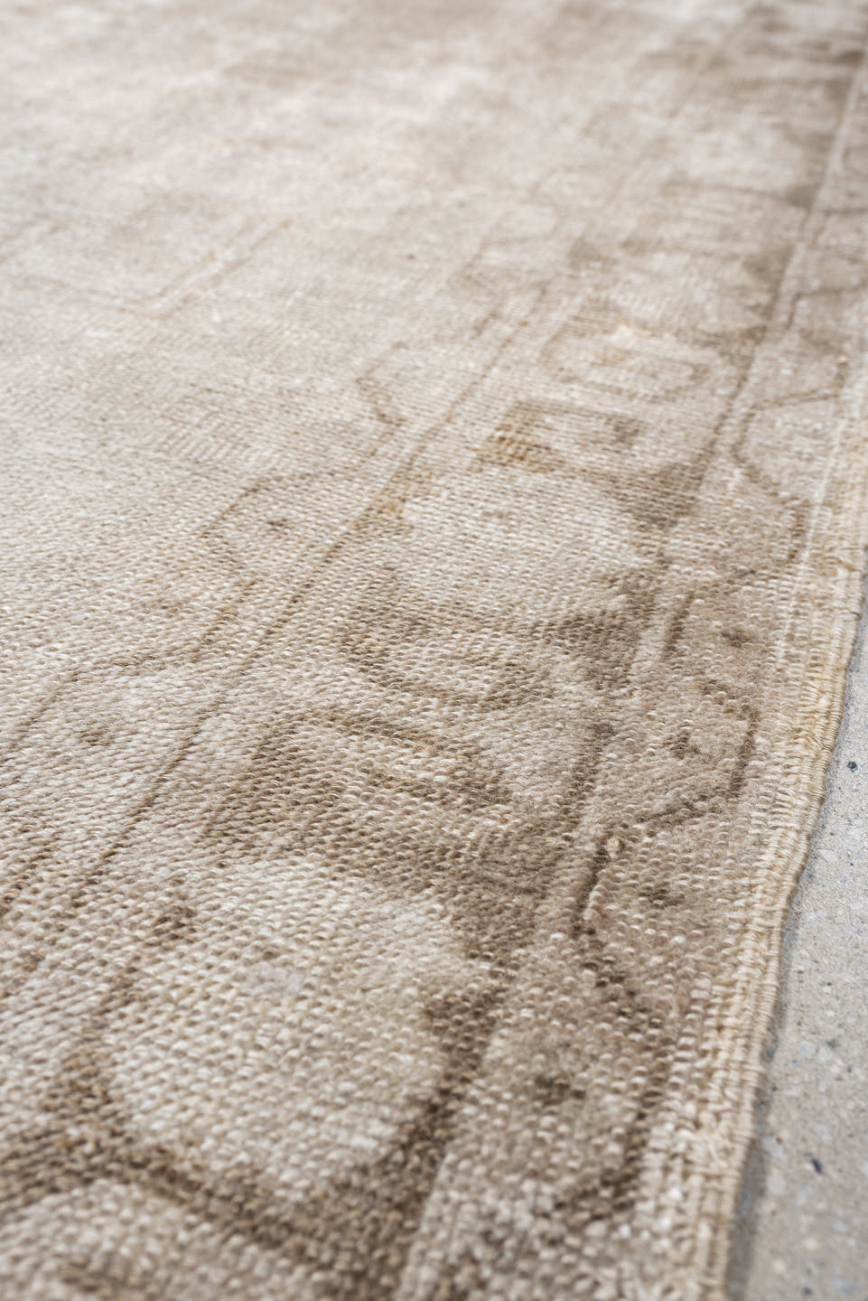 4' x 8' one-of-a-kind handmade vintage Anatolian runner rug. Color palette: ivory, taupe, beige, sand, light brown, gray