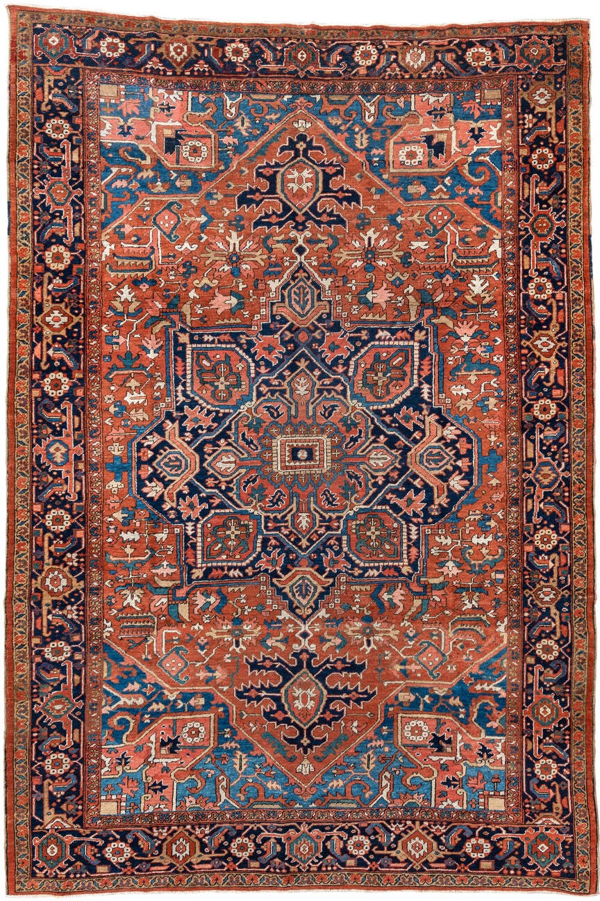 8' x 12' one-of-a-kind handmade vintage Heriz large size rug. Color palette: terracotta, navy, sky blue, ivory, camel, rust