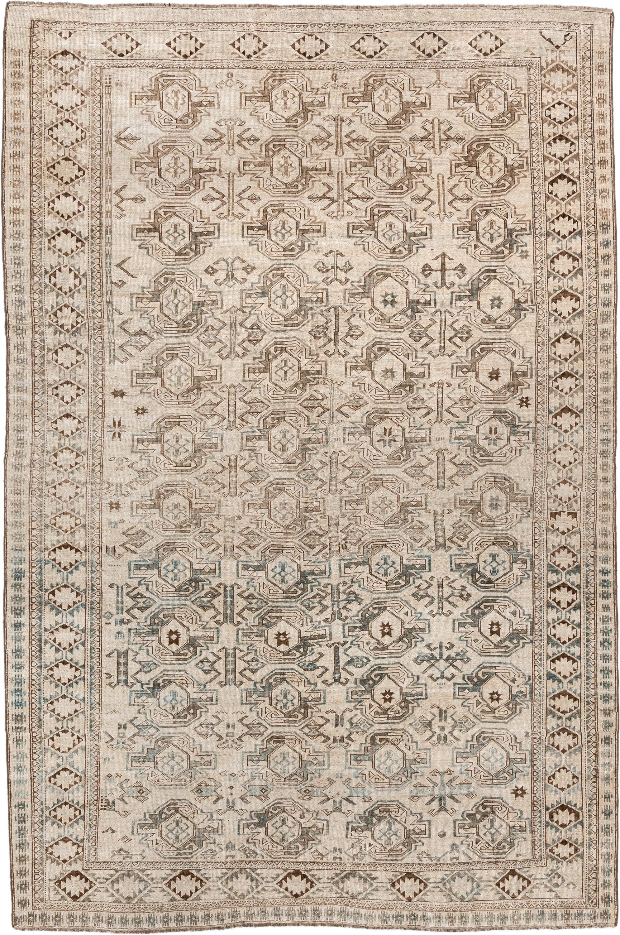 6' x 8' one-of-a-kind handmade vintage Belouch medium size rug. Color palette: ivory, taupe, brown, camel, pale blue, beige