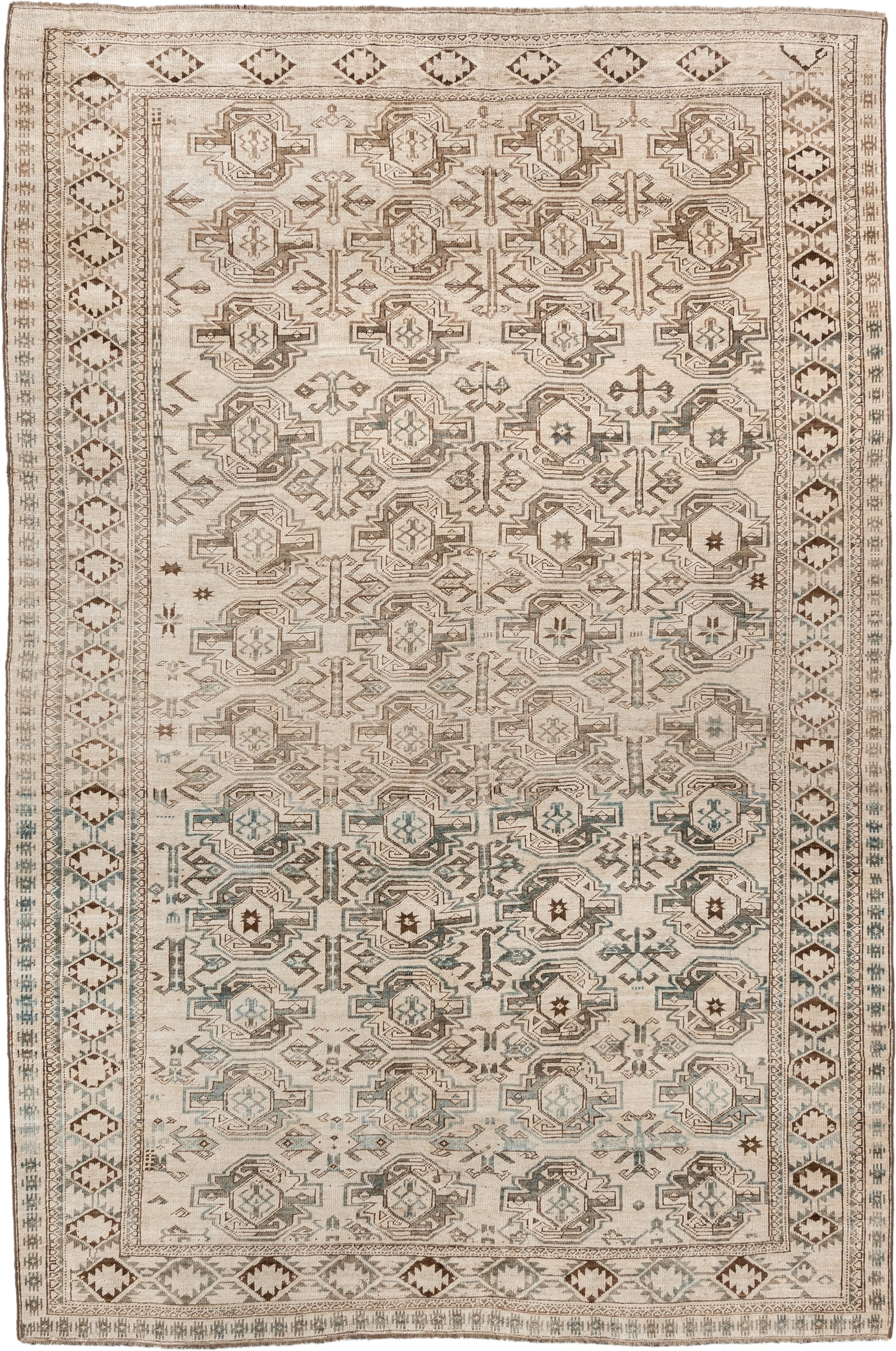 6' x 8' one-of-a-kind handmade vintage Belouch medium size rug. Color palette: ivory, taupe, brown, camel, pale blue, beige