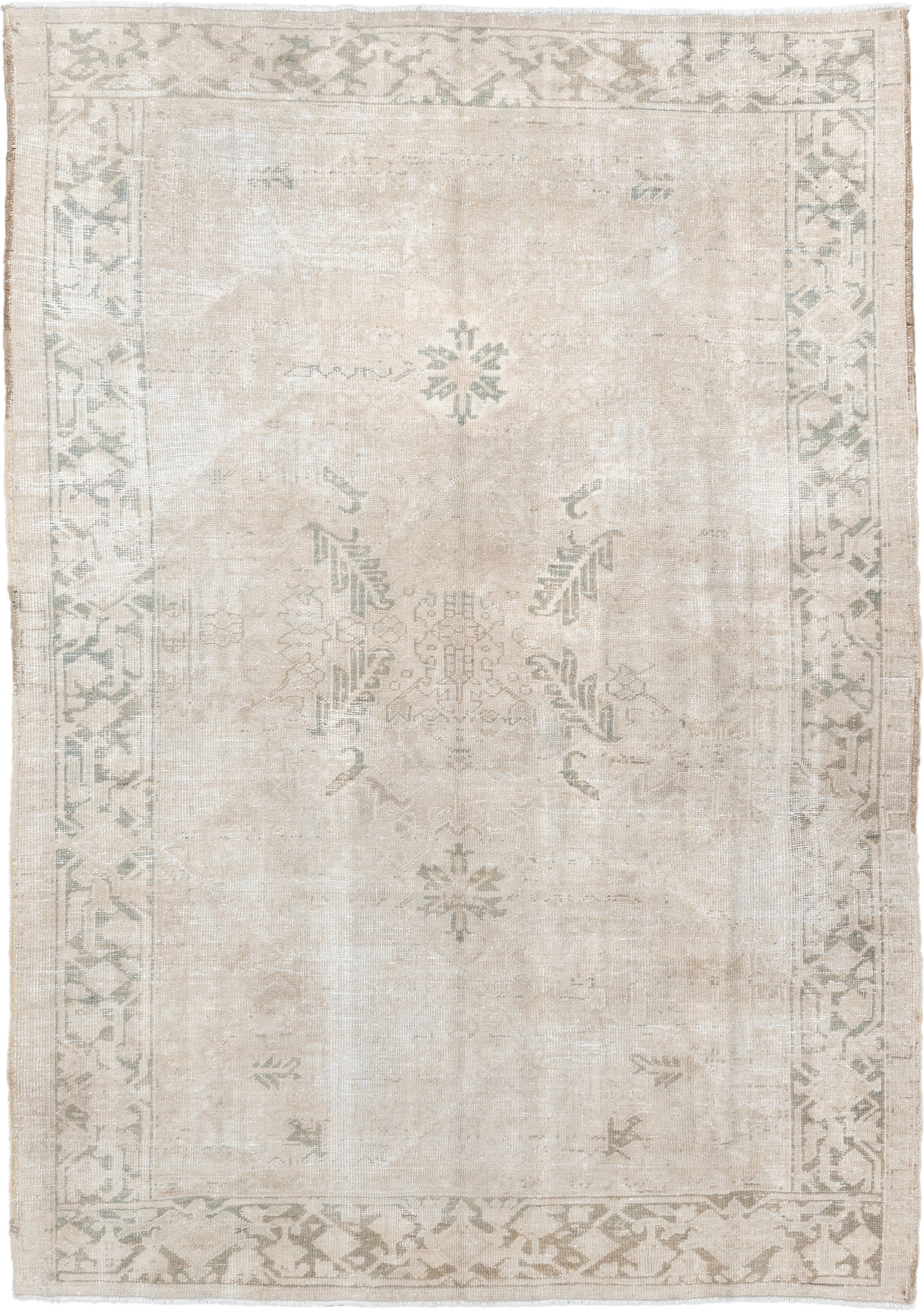 6' x 8' one-of-a-kind handmade vintage Heriz medium size rug. Color palette: ivory, cream, taupe, sage, beige, light gray