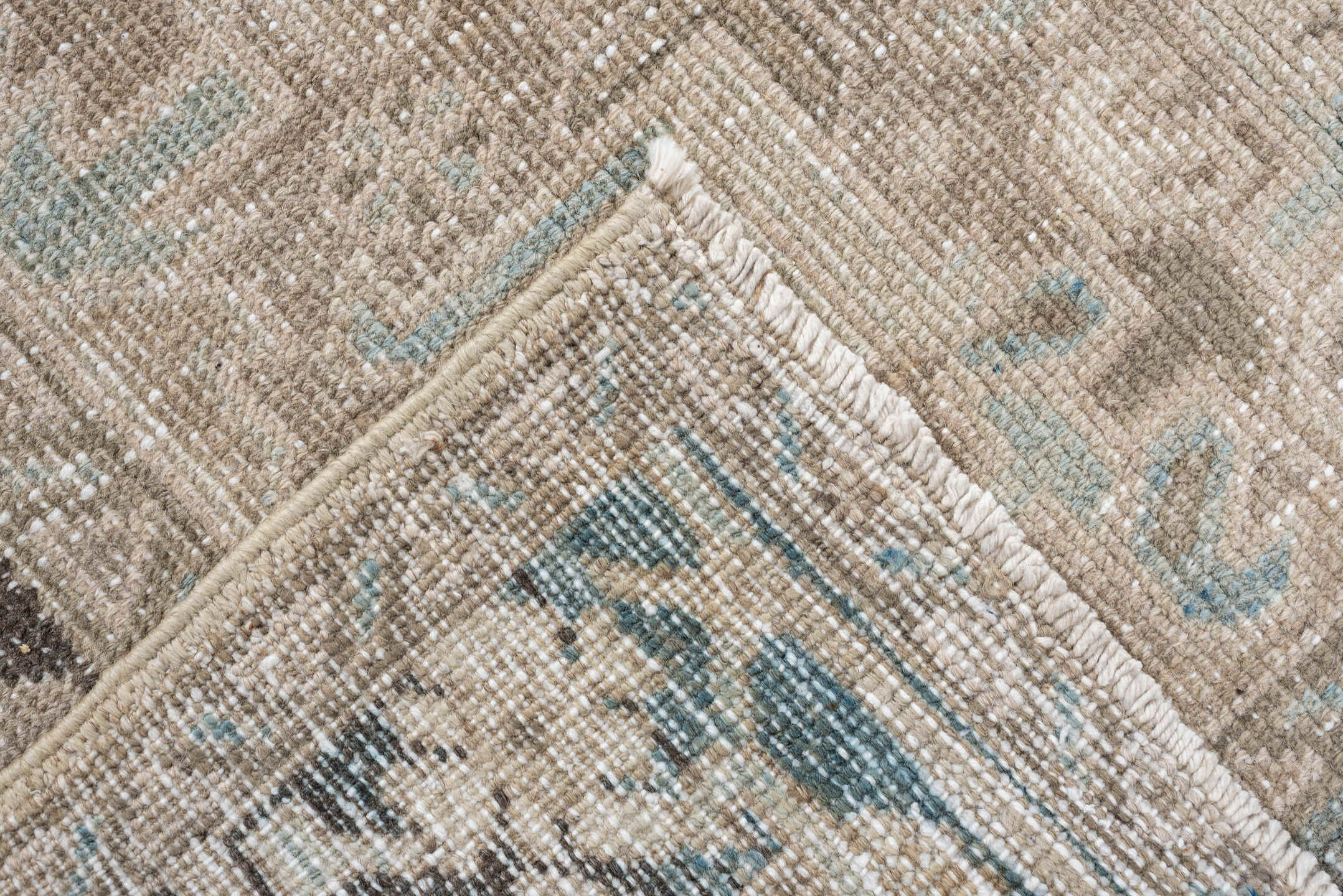 7' x 8' one-of-a-kind handmade vintage Heriz rug. Color palette: ivory, sky blue, taupe, charcoal, beige, brown, light blue