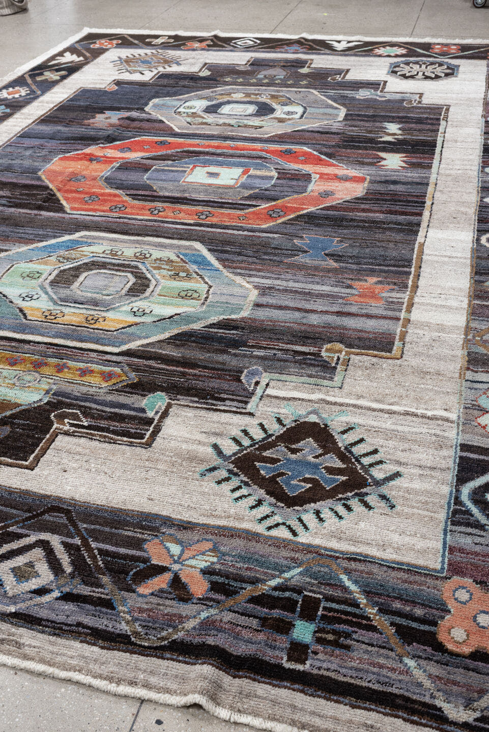 10' x 14' one-of-a-kind handmade vintage Kars large size rug. Color palette: charcoal, ivory, coral, aqua, slate, taupe