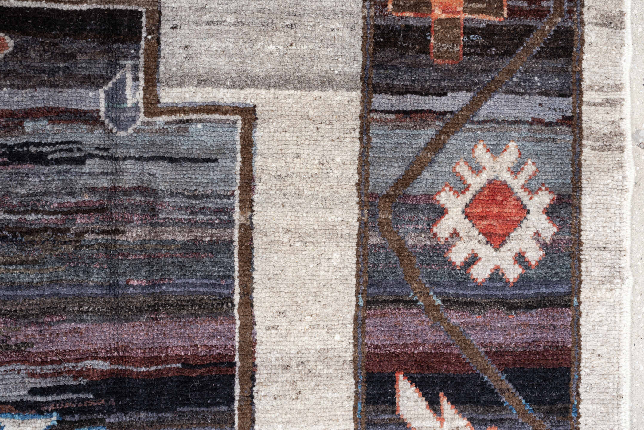 10' x 14' one-of-a-kind handmade vintage Kars large size rug. Color palette: charcoal, ivory, coral, aqua, slate, taupe