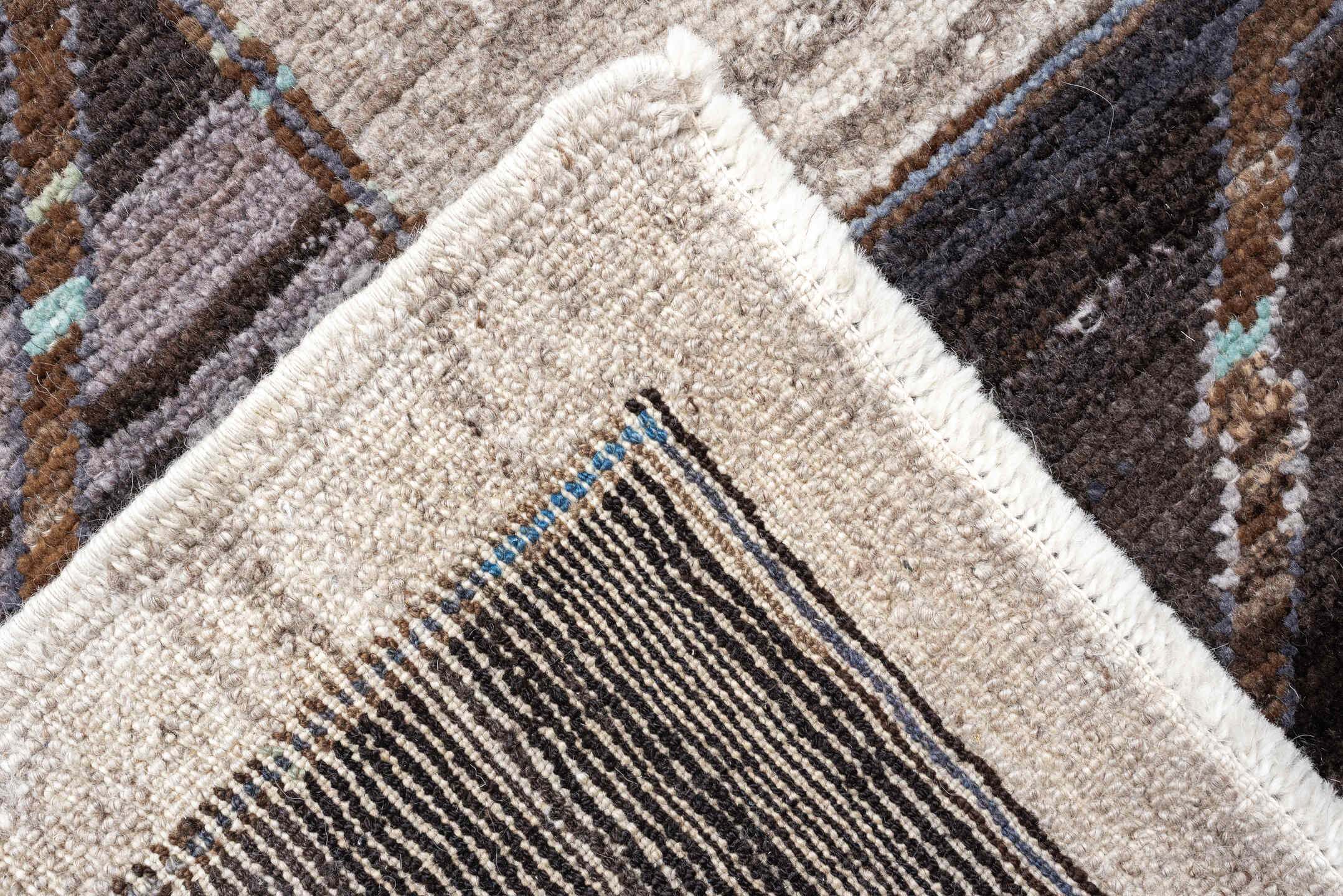 10' x 14' one-of-a-kind handmade vintage Kars large size rug. Color palette: charcoal, ivory, coral, aqua, slate, taupe