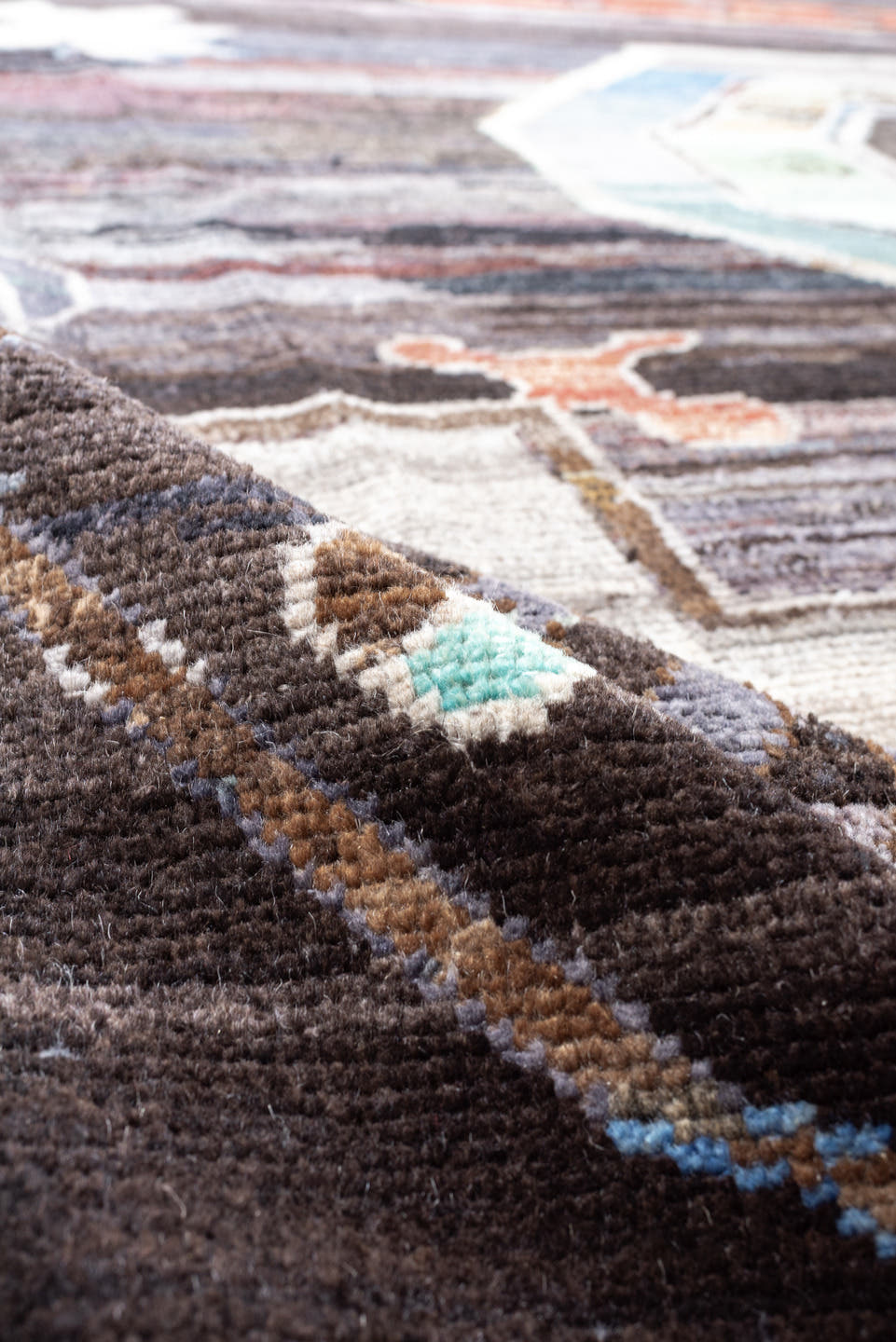 10' x 14' one-of-a-kind handmade vintage Kars large size rug. Color palette: charcoal, ivory, coral, aqua, slate, taupe