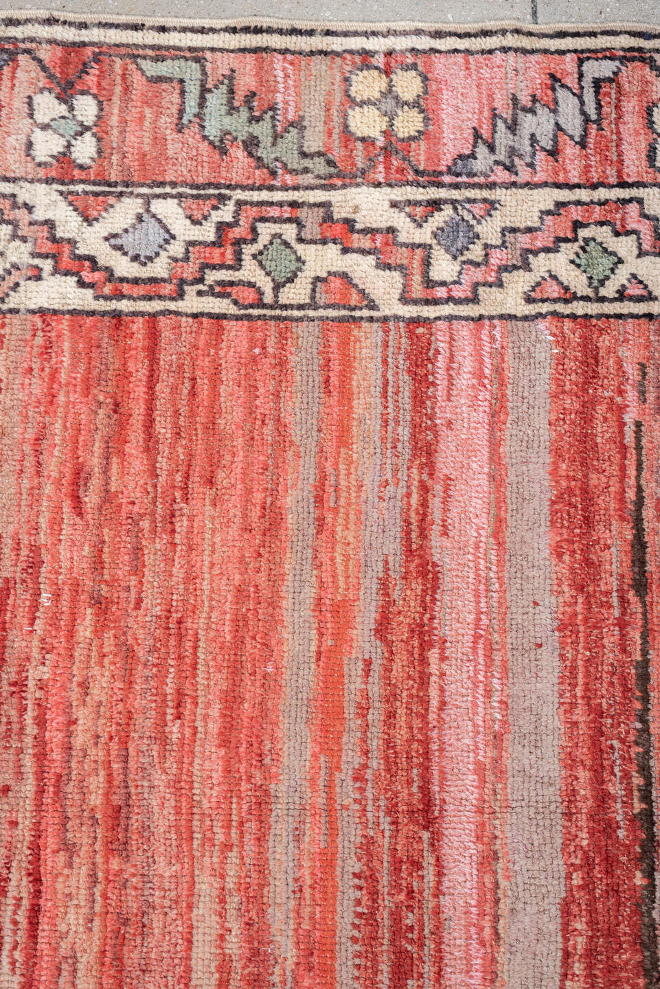 8' x 10' one-of-a-kind handmade vintage Kars large size rug. Color palette: coral, ivory, crimson, sage, slate, charcoal