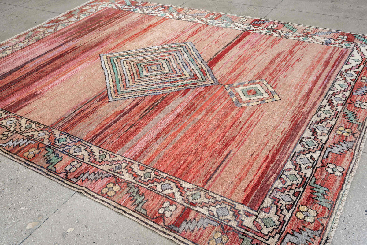 8' x 10' one-of-a-kind handmade vintage Kars large size rug. Color palette: coral, ivory, crimson, sage, slate, charcoal