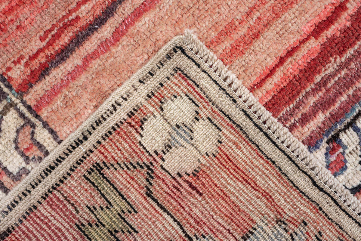 8' x 10' one-of-a-kind handmade vintage Kars large size rug. Color palette: coral, ivory, crimson, sage, slate, charcoal