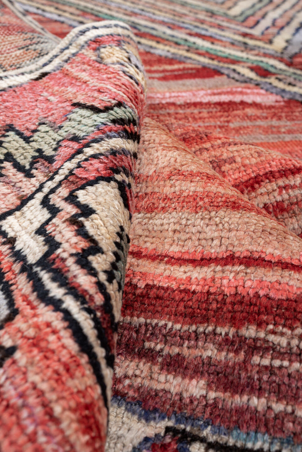 8' x 10' one-of-a-kind handmade vintage Kars large size rug. Color palette: coral, ivory, crimson, sage, slate, charcoal
