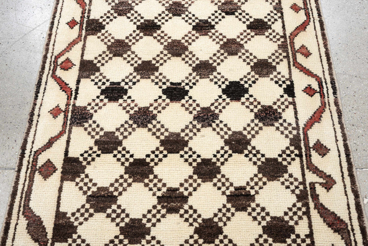 3' x 9' one-of-a-kind handmade vintage Kars runner rug. Color palette: ivory, brown, taupe, muted rose, charcoal, terracotta