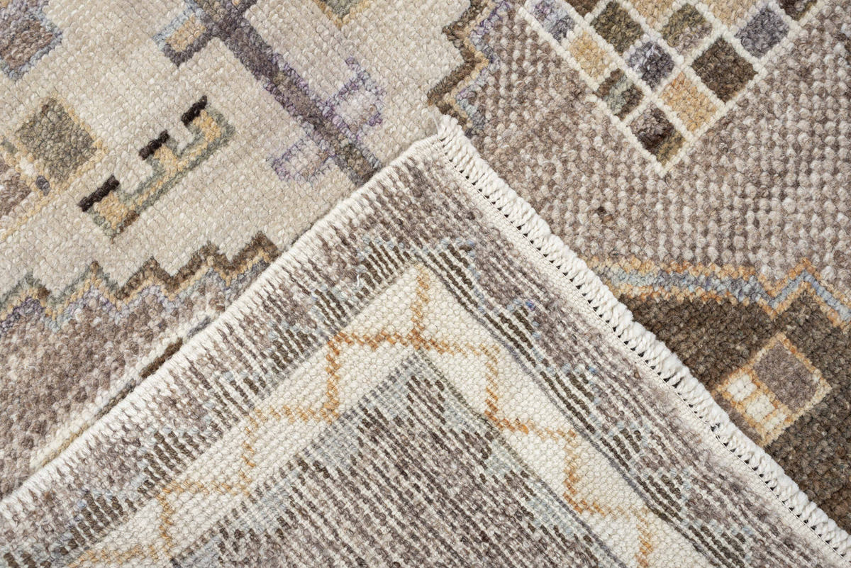 3' x 9' one-of-a-kind handmade vintage Kars runner rug. Color palette: taupe, ivory, charcoal, terracotta, blue gray, camel
