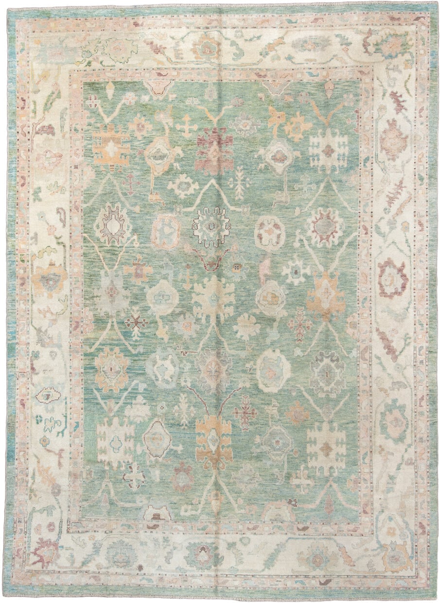 10' x 14' one-of-a-kind handmade vintage Oushak large size rug. Color palette: aqua, ivory, cream, sage, blush, terracotta