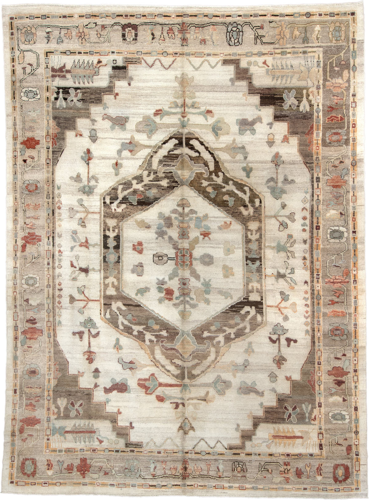 10' x 13' one-of-a-kind handmade vintage Oushak large size rug. Color palette: ivory, taupe, charcoal, sage, dusty coral