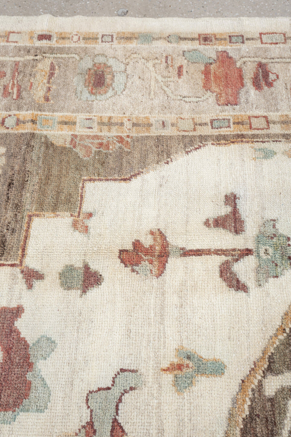 10' x 13' one-of-a-kind handmade vintage Oushak large size rug. Color palette: ivory, taupe, charcoal, sage, dusty coral
