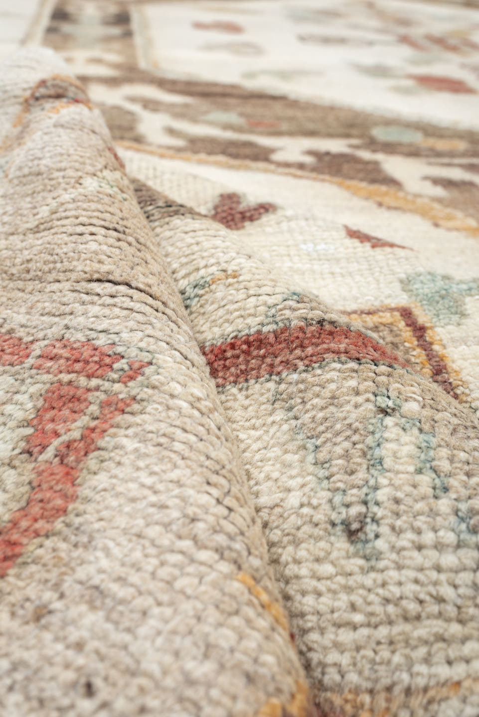 10' x 13' one-of-a-kind handmade vintage Oushak large size rug. Color palette: ivory, taupe, charcoal, sage, dusty coral