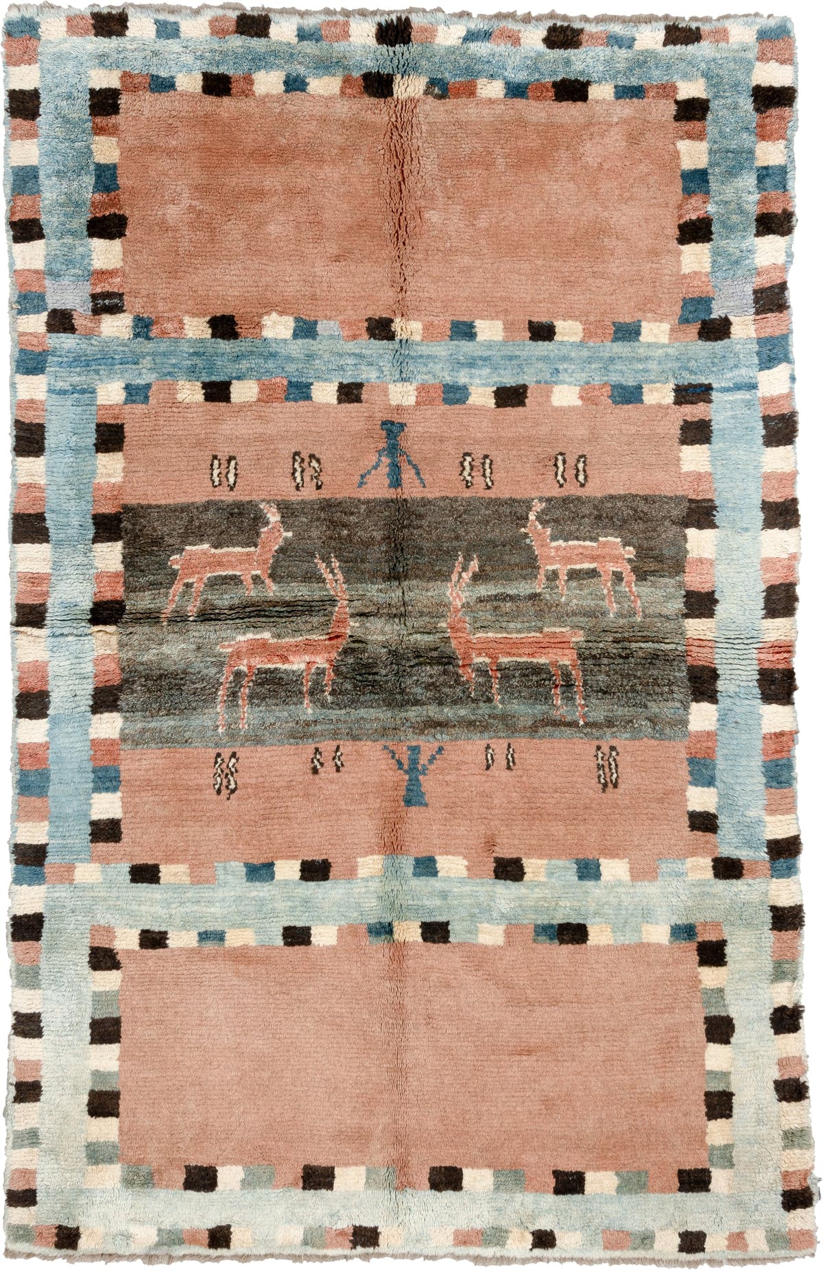 5' x 7' one-of-a-kind handmade antique Gabbe medium size rug. Color palette: dusty rose, pale blue, charcoal, ivory, coral