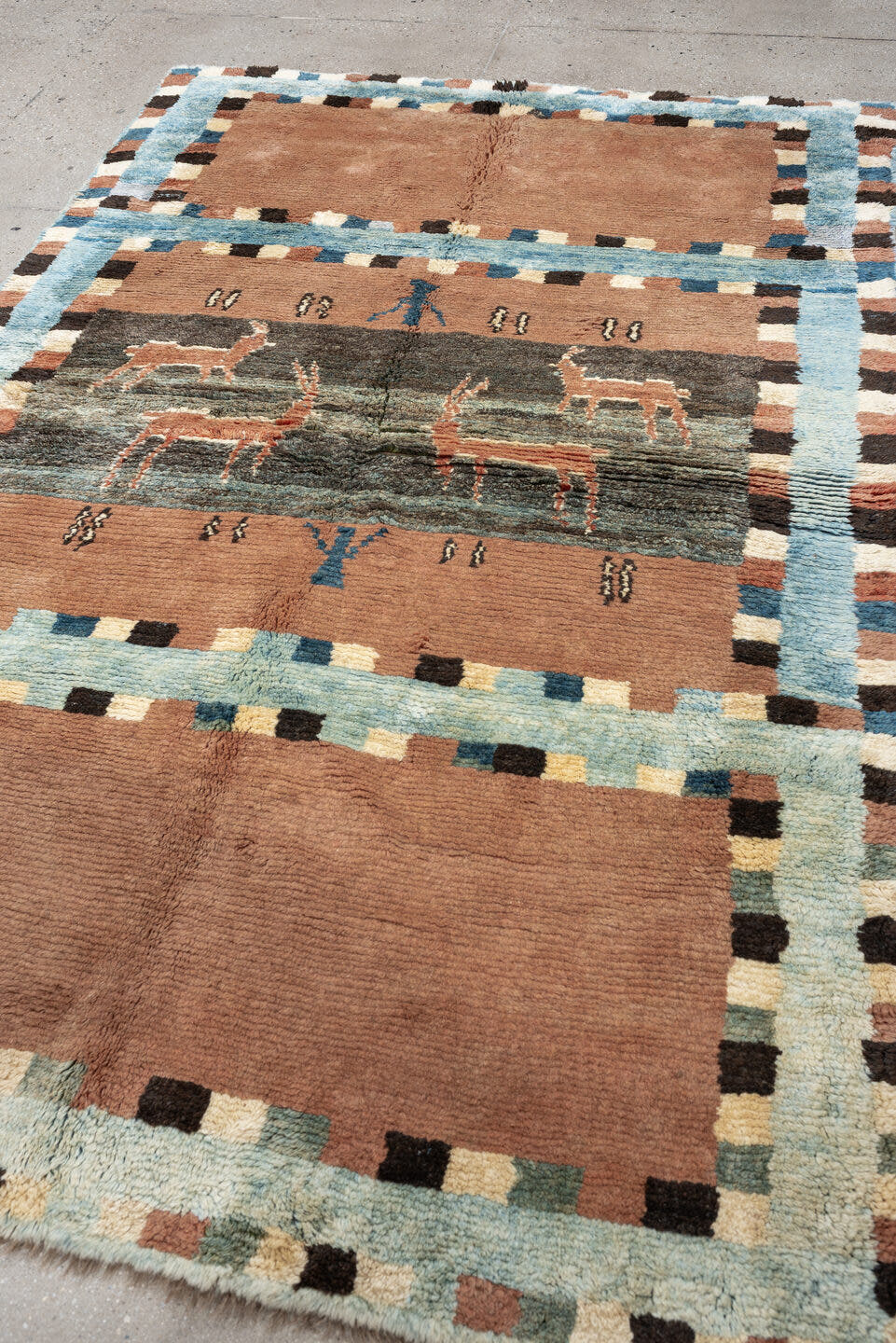 5' x 7' one-of-a-kind handmade antique Gabbe medium size rug. Color palette: dusty rose, pale blue, charcoal, ivory, coral