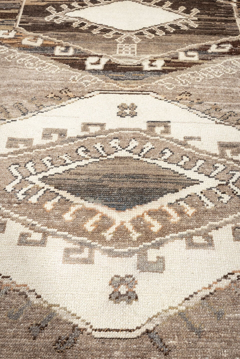 7' x 10' one-of-a-kind handmade vintage Kars large size rug. Color palette: taupe, ivory, brown, charcoal, camel, beige