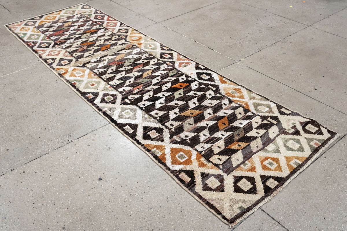 3' x 9' one-of-a-kind handmade vintage Kars runner rug. Color palette: dark brown, ivory, sage, rust, coral, taupe, charcoal
