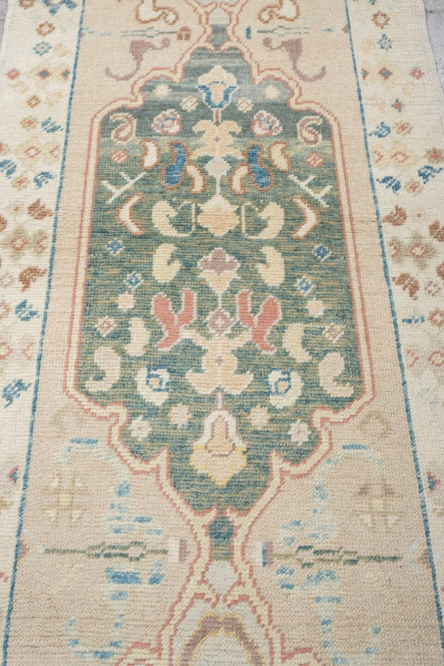 2' x 12' one-of-a-kind handmade vintage Oushak runner rug. Color palette: ivory, turquoise, sage, coral, tan, rust, taupe