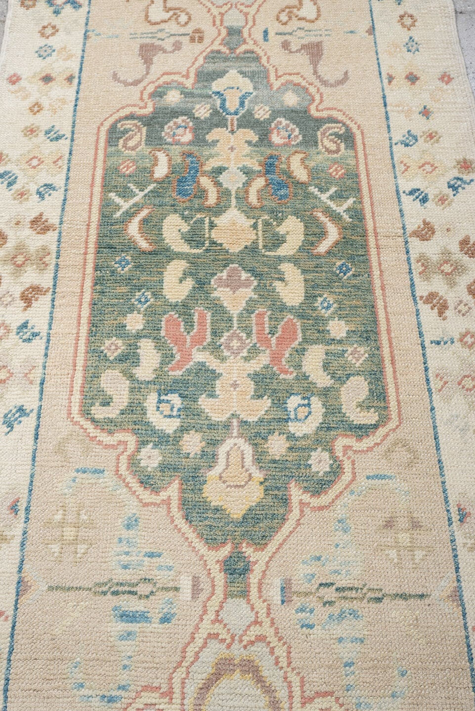 2' x 12' one-of-a-kind handmade vintage Oushak runner rug. Color palette: ivory, turquoise, sage, coral, tan, rust, taupe