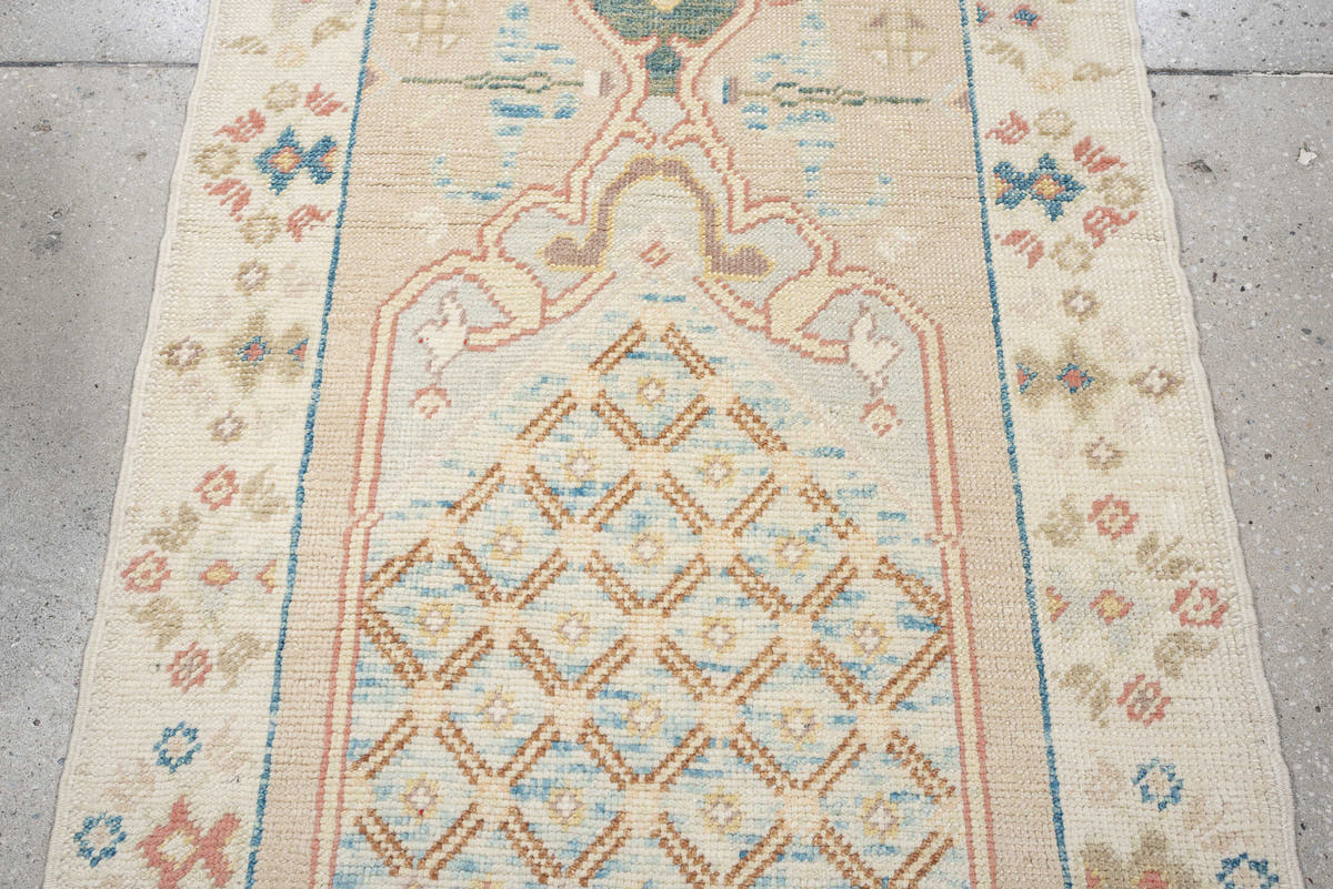 2' x 12' one-of-a-kind handmade vintage Oushak runner rug. Color palette: ivory, turquoise, sage, coral, tan, rust, taupe