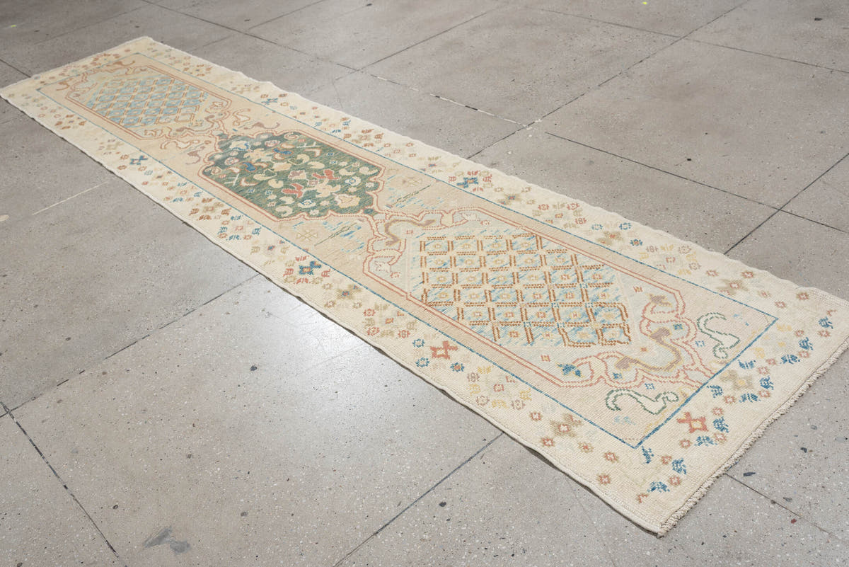2' x 12' one-of-a-kind handmade vintage Oushak runner rug. Color palette: ivory, turquoise, sage, coral, tan, rust, taupe